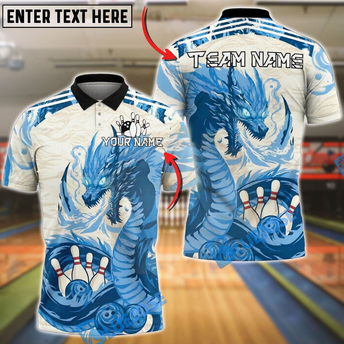 BlueJose Bowling And Pins Dragon Flame Fantasy Art Customized Name, Team Name 3D Shirt (4 Colors)