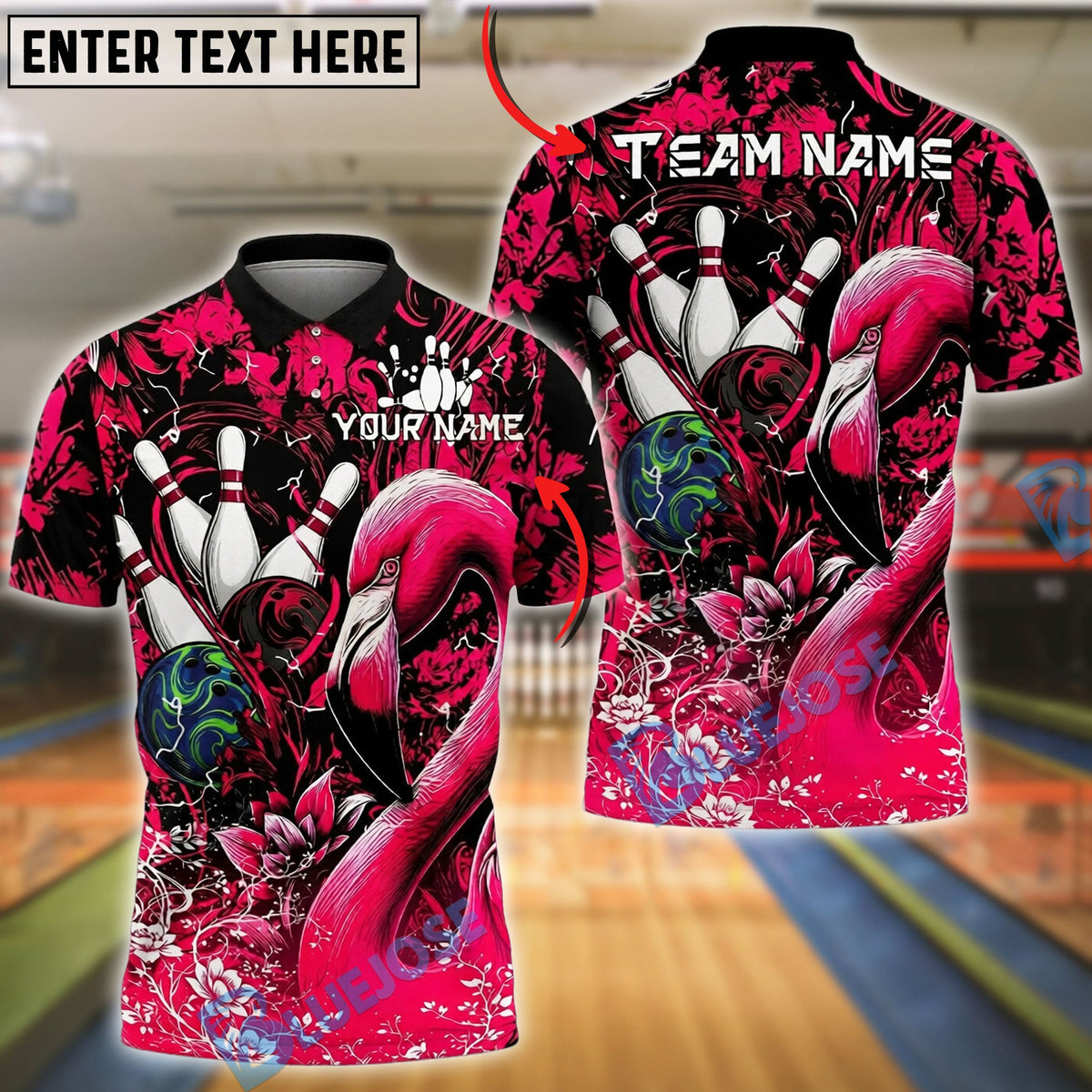 BlueJose Bowling And Pins Flamingo Floral Graphic Customized Name, Team Name 3D Shirt