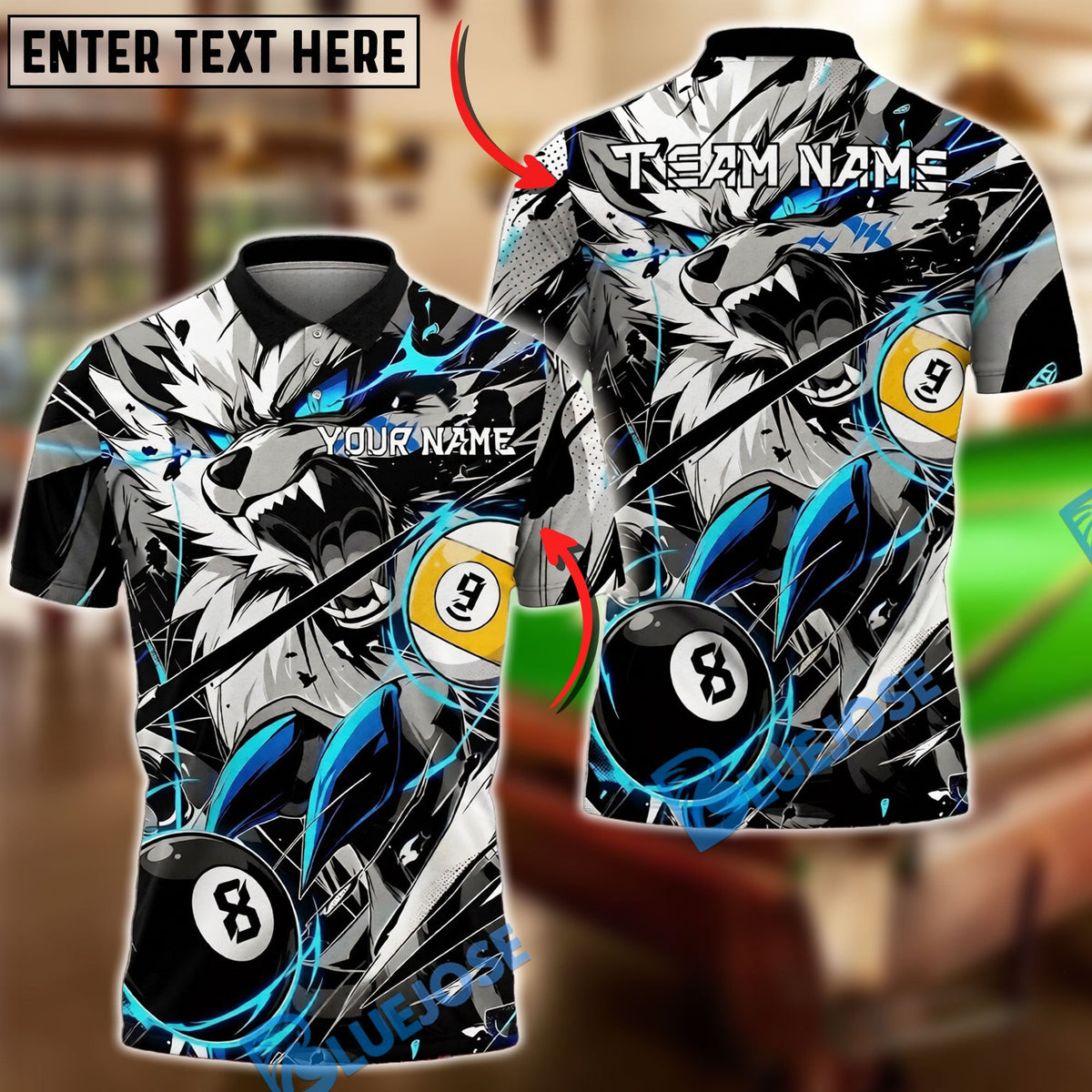 BlueJose Billiards Ball 8&amp;9 Wolf Neon Aggressive Graphic Personalized Name Shirt (4 Colors)