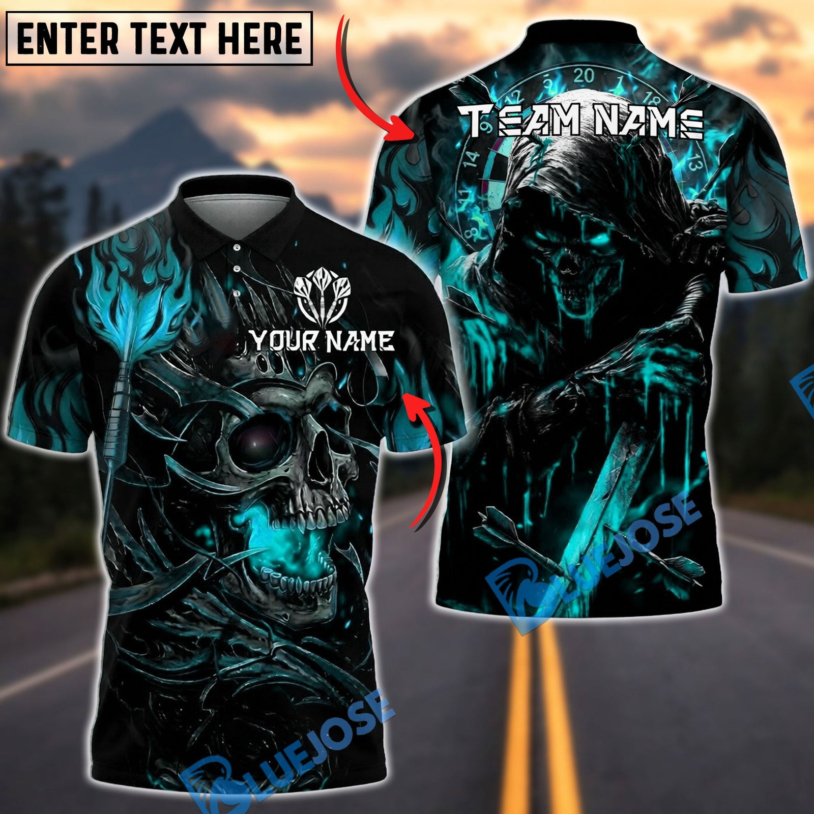 BlueJose Darts Grim Reaper Skull Flame Dark Fantasy Design Personalized Name, Team Name Unisex Shirt (4 Colors)