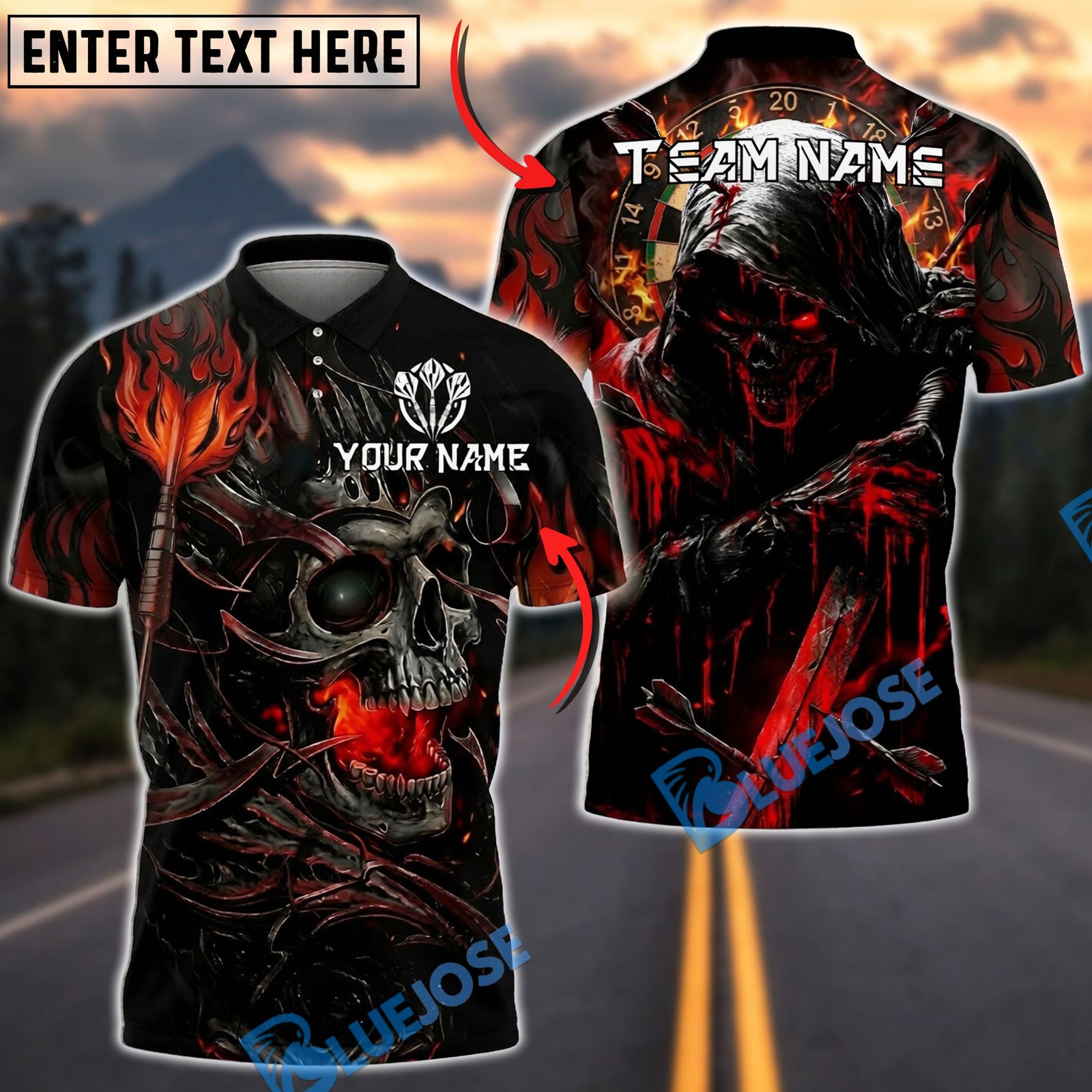 BlueJose Darts Grim Reaper Skull Flame Dark Fantasy Design Personalized Name, Team Name Unisex Shirt (4 Colors)