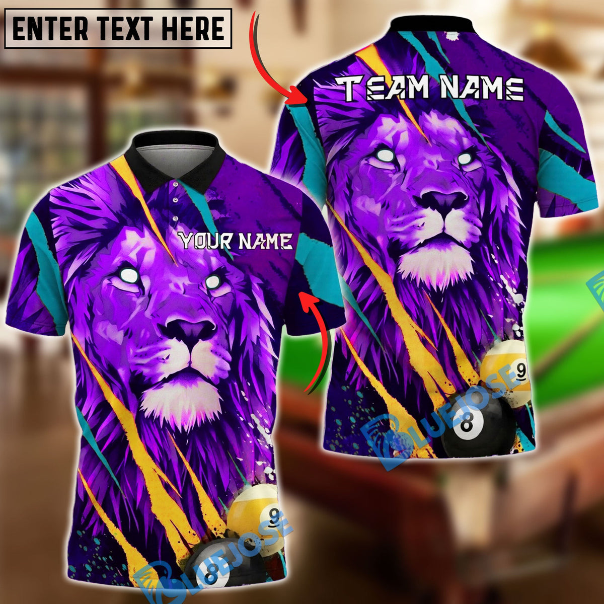 BlueJose Billiards Ball 8&9 Lion Artistic Splash Modern Design Personalized Name Shirt (4 Colors)