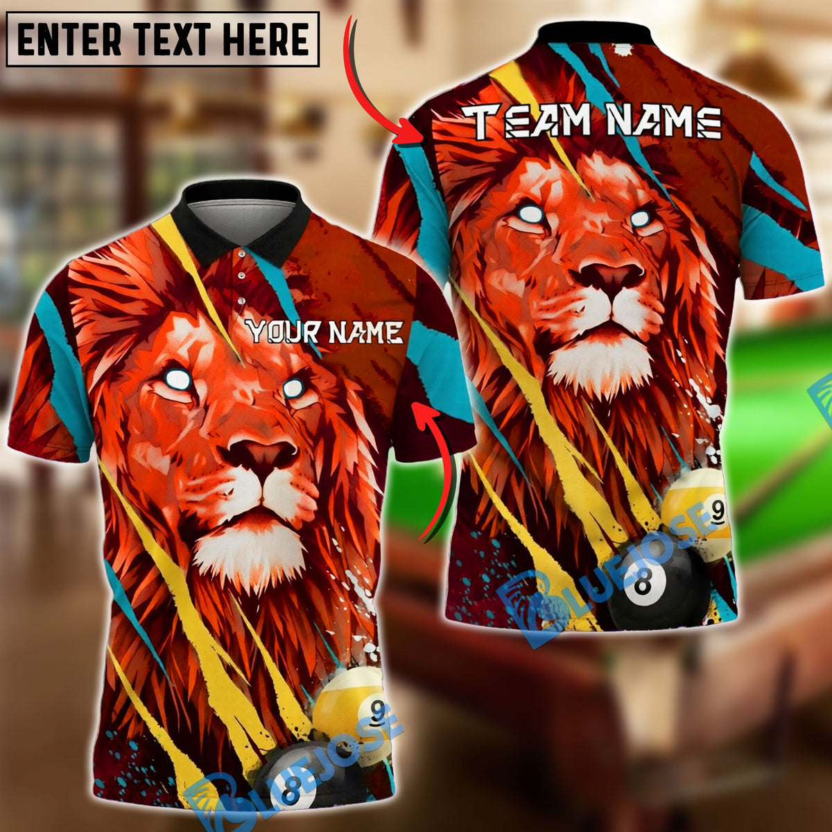 BlueJose Billiards Ball 8&amp;9 Lion Artistic Splash Modern Design Personalized Name Shirt (4 Colors)