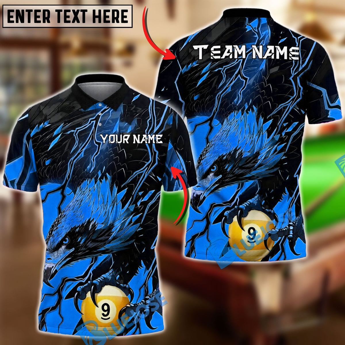 BlueJose Billiards Ball 9 Eagle Lightning Black Fierce Design Personalized Name Shirt (6 Colors)