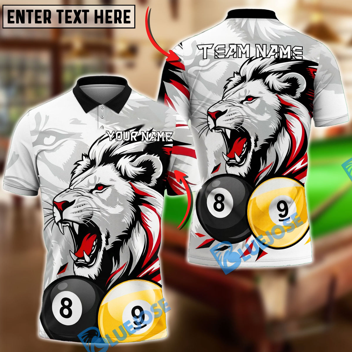 BlueJose Billiards Ball 8&amp;9 Lion Accent Roaring Power Design Personalized Name Shirt (4 Colors)