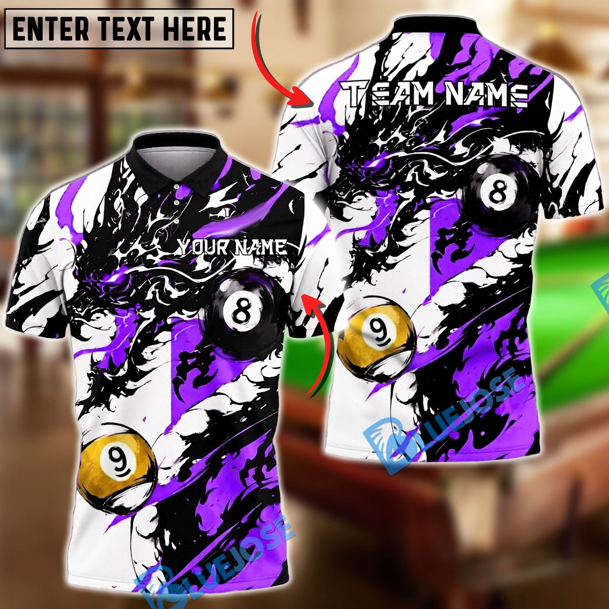 BlueJose Billiards Ball 8&9 Dragon Black Ink Splash Artistic Design Personalized Name Shirt (6 Colors)