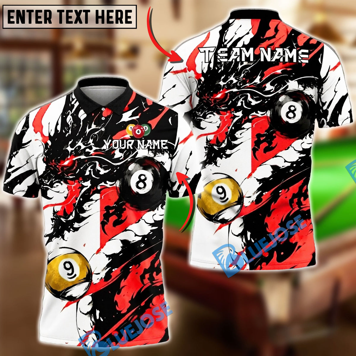 BlueJose Billiards Ball 8&amp;9 Dragon Black Ink Splash Artistic Design Personalized Name Shirt (6 Colors)