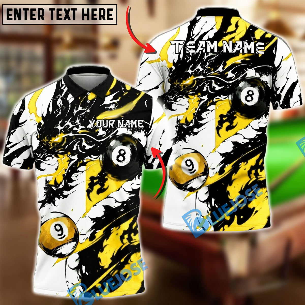BlueJose Billiards Ball 8&9 Dragon Black Ink Splash Artistic Design Personalized Name Shirt (6 Colors)