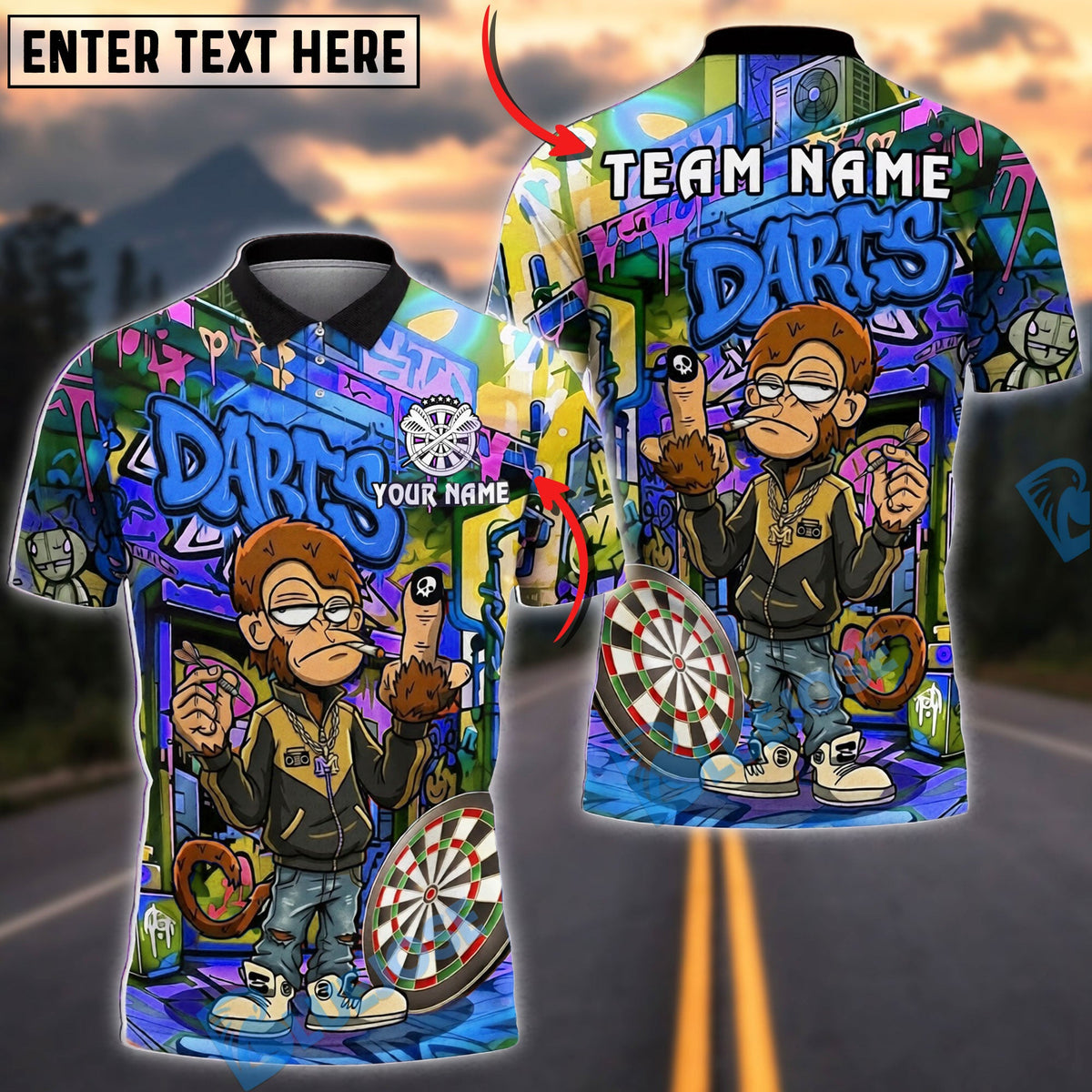 BlueJose Darts Graffiti Monkey Middle Finger  Street Style Personalized Name, Team Name Unisex Shirt (4 Colors)