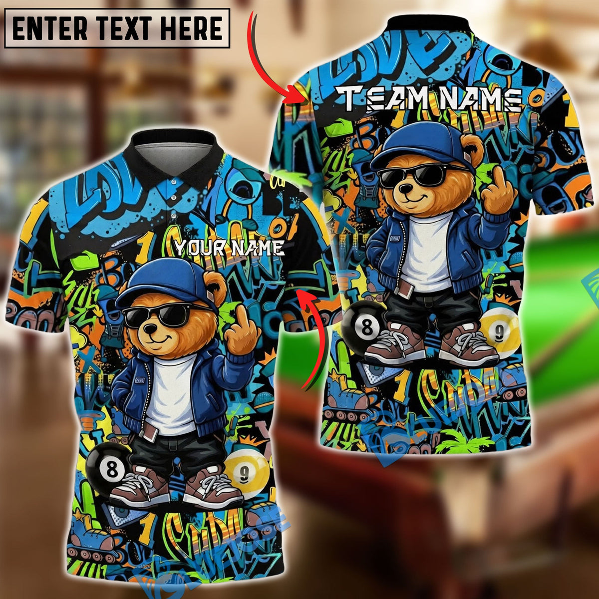 BlueJose Billiards Ball 8&amp;9 Cool Bear Street Graffiti Billiards Urban Style Personalized Name Shirt (4 Colors)