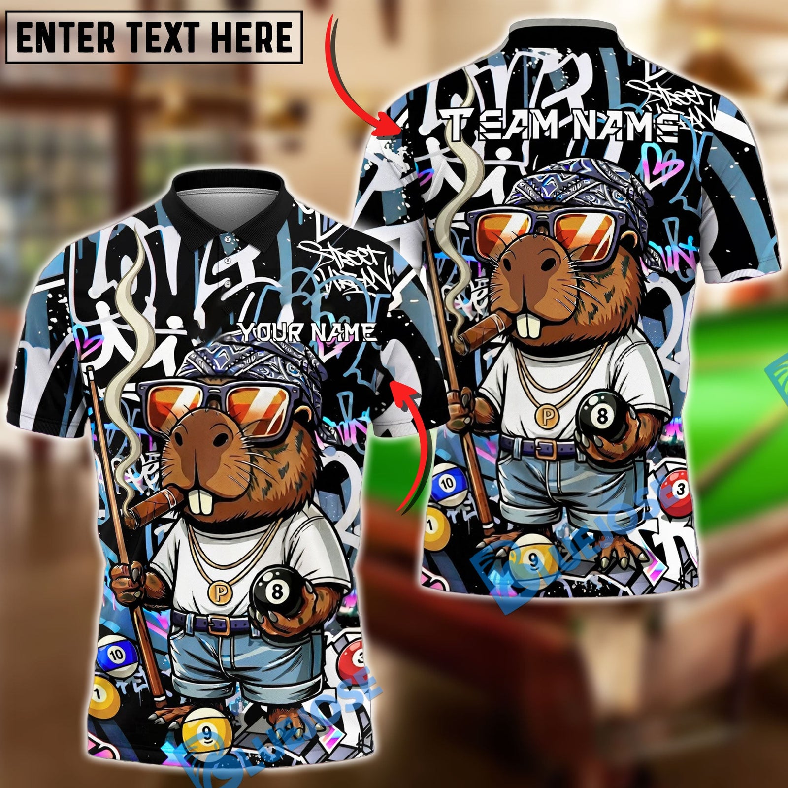 BlueJose Billiards Ball 8  Capybara Funny Gangster Graffiti Style Personalized Name Shirt (4 Colors)
