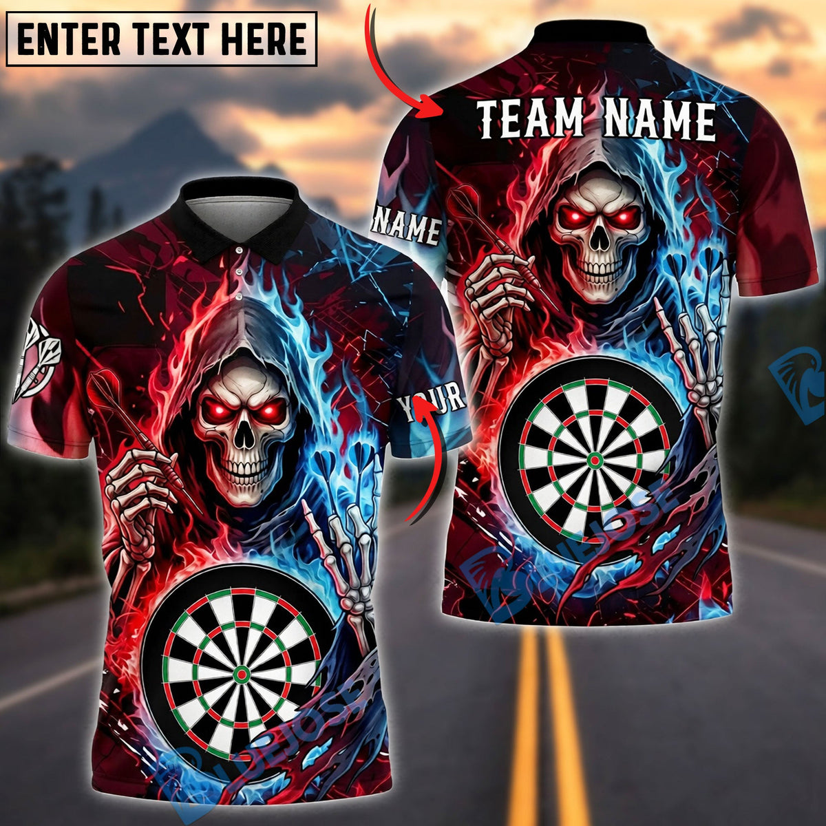 BlueJose Darts Grim Reaper Neon Fire Skull Twin Side Lightning Personalized Name, Team Name Unisex Shirt (4 Colors)