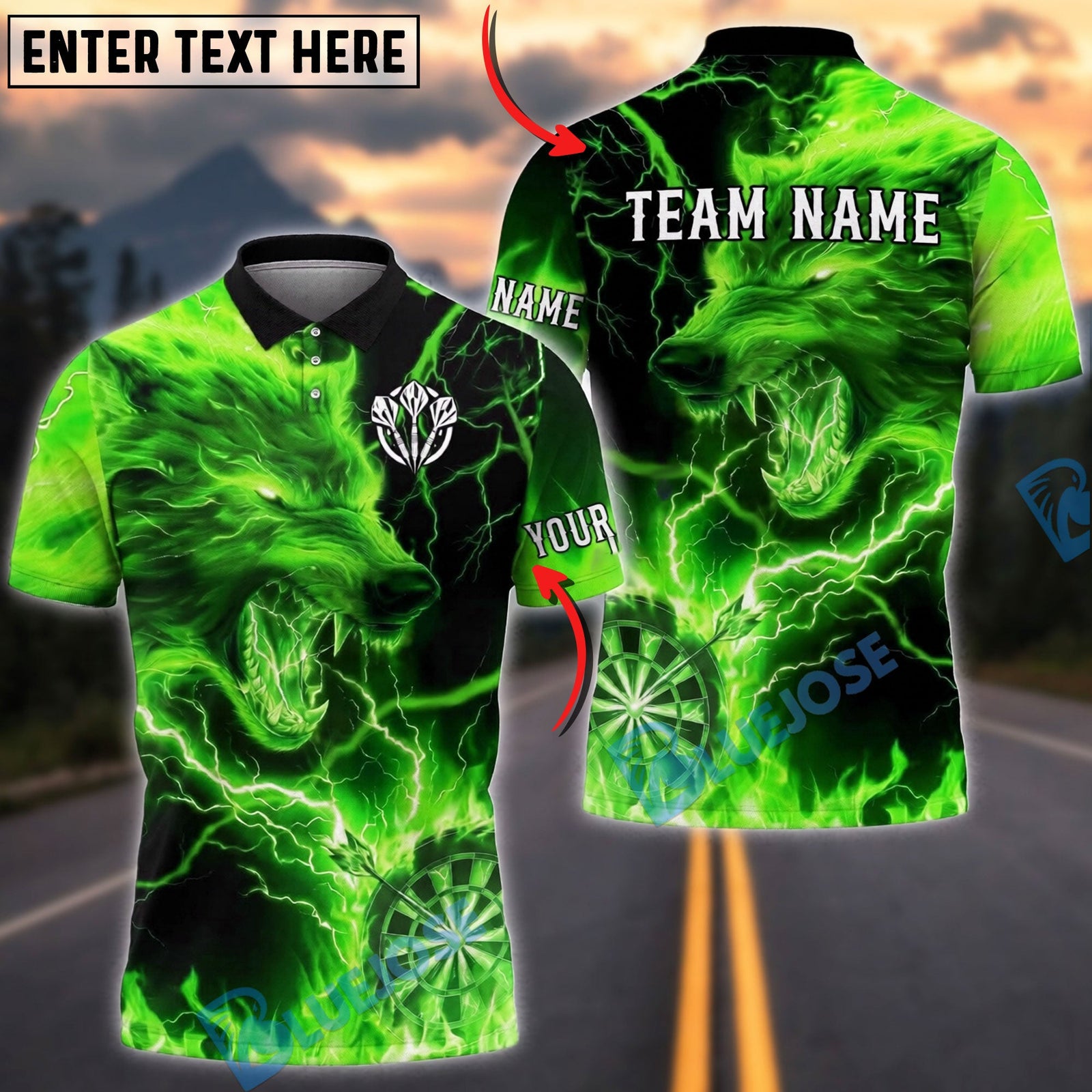 BlueJose Darts Electric Wolf Lightning Graphic Personalized Name, Team Name Unisex Shirt (4 Colors)