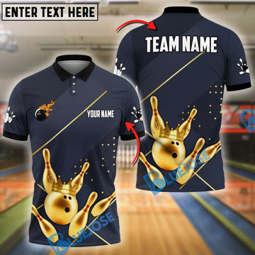 BlueJose Bowling And Pins Dotted Royal Crown Customized Name 3D Shirt ( 6 Colors)