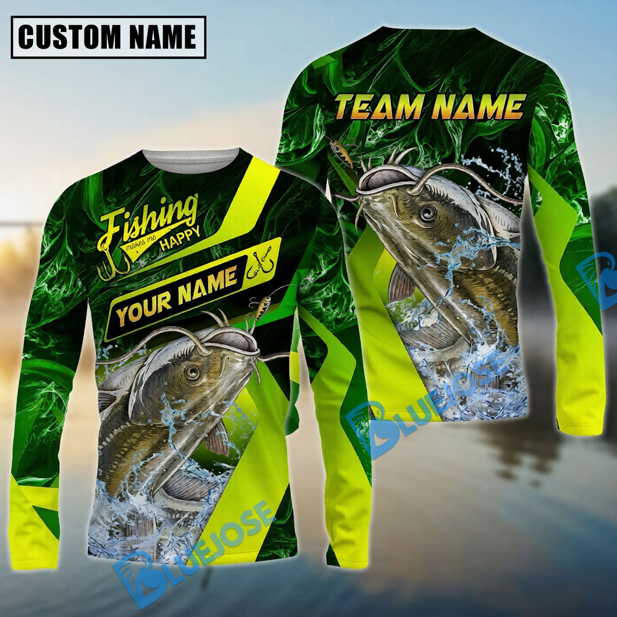 Bluejose Catfish Fishing Green Neon Splash Water Artwork Custom Name &amp; Team Name 3D Shirts