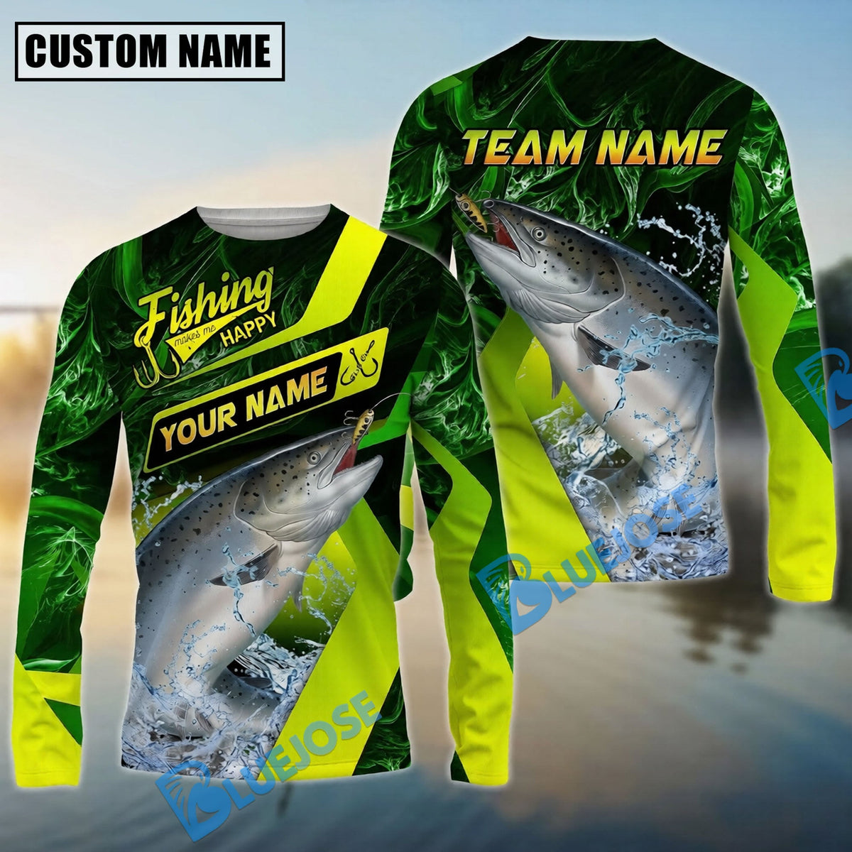 Bluejose Chinook Salmon Fishing Green Neon Splash Water Artwork Custom Name &amp; Team Name 3D Shirts
