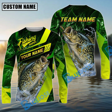 Bluejose Crappie Fishing Green Neon Splash Water Artwork Custom Name & Team Name 3D Shirts