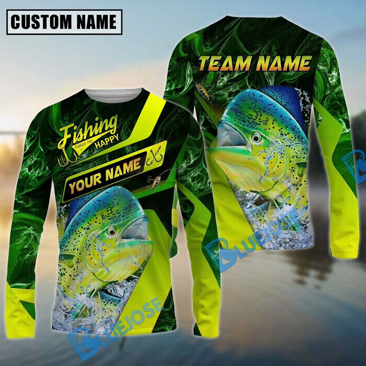 Bluejose Mahi-mahi Fishing Green Neon Splash Water Artwork Custom Name &amp; Team Name 3D Shirts