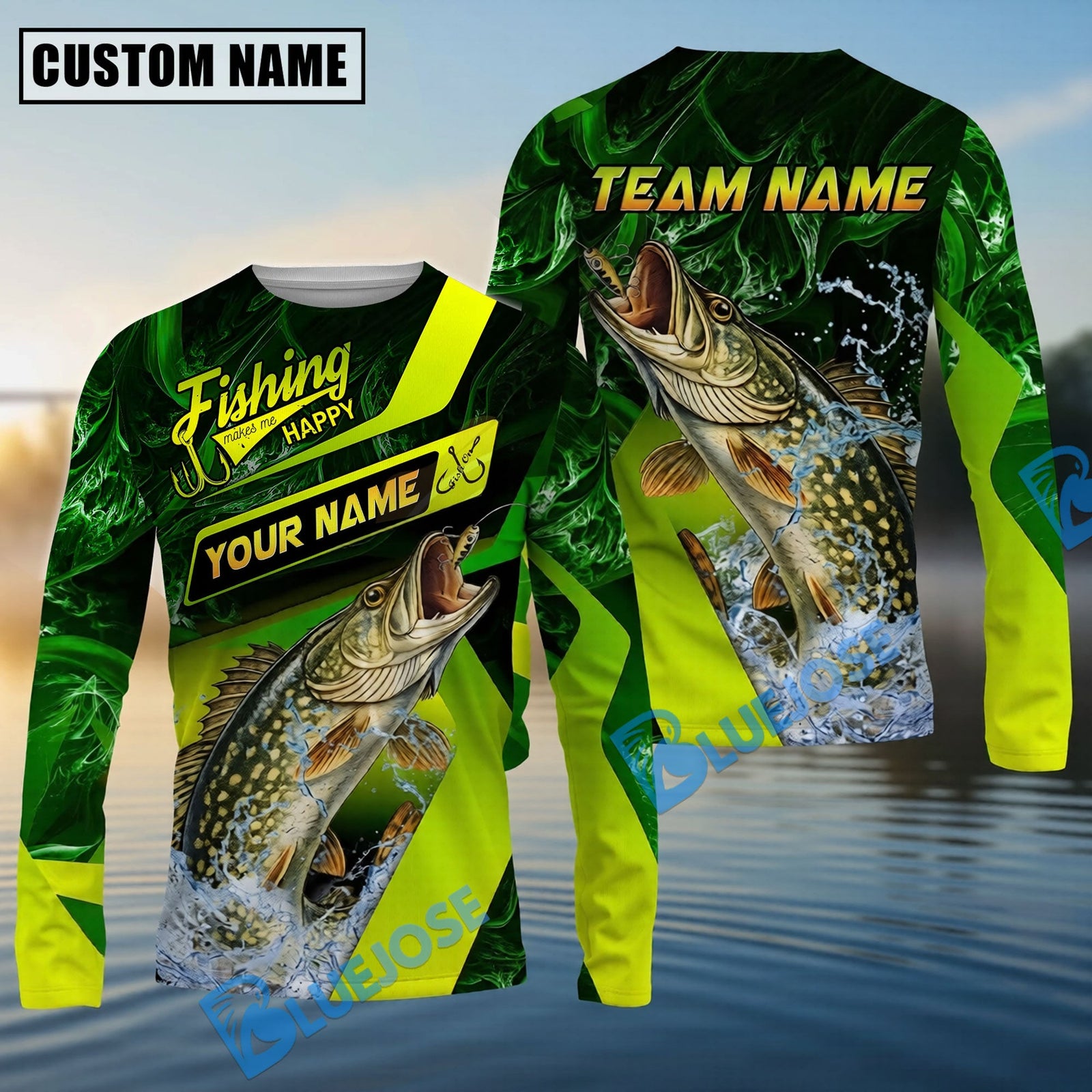 Bluejose Pike Fishing Green Neon Splash Water Artwork Custom Name & Team Name 3D Shirts