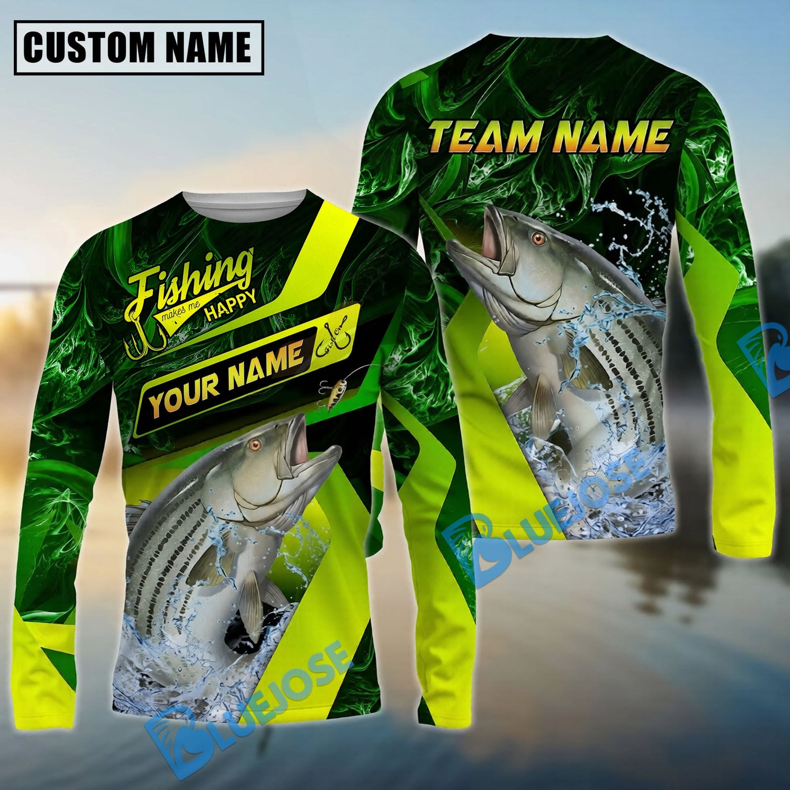 Bluejose Striped Bass Fishing Green Neon Splash Water Artwork Custom Name & Team Name 3D Shirts