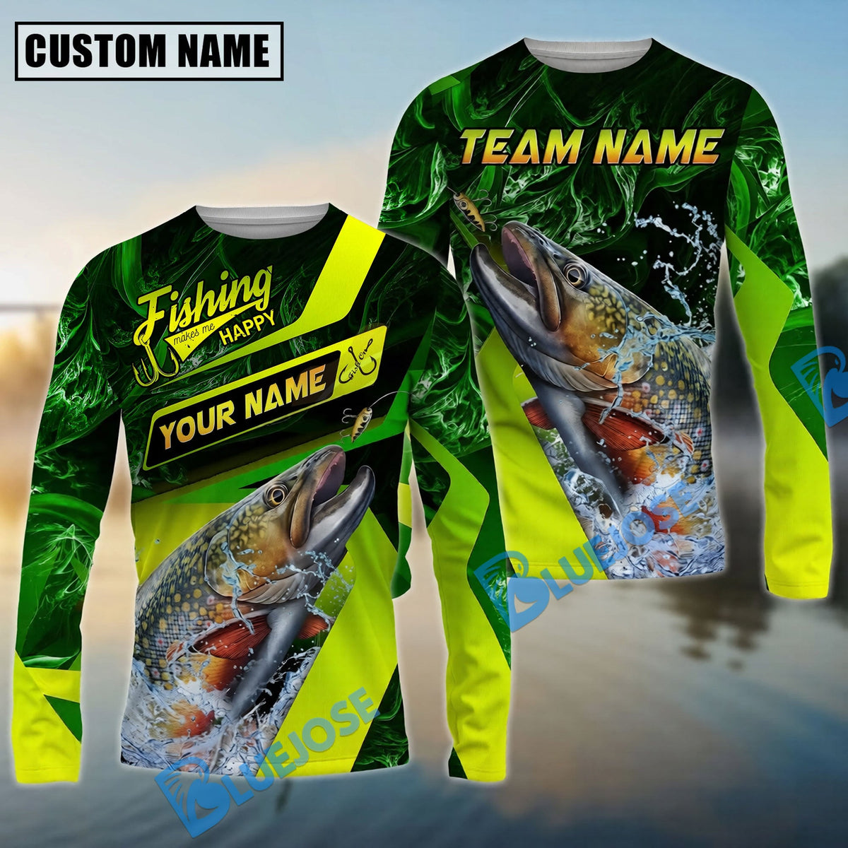 Bluejose Trout Fishing Green Neon Splash Water Artwork Custom Name &amp; Team Name 3D Shirts