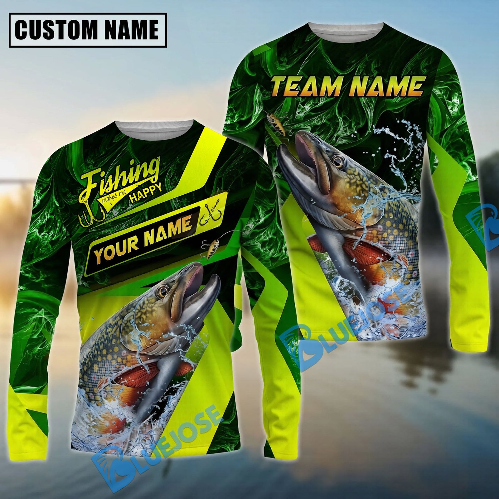 Bluejose Trout Fishing Green Neon Splash Water Artwork Custom Name & Team Name 3D Shirts