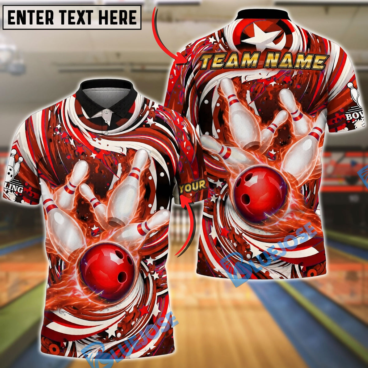 BlueJose Bowling Patriotic Swirl Ball Pins Design Customized Name, Team Name 3D Shirt (4 Colors)