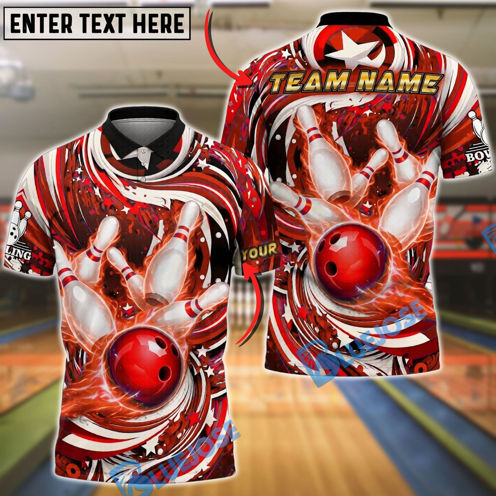 BlueJose Bowling Patriotic Swirl Ball Pins Design Customized Name, Team Name 3D Shirt (4 Colors)