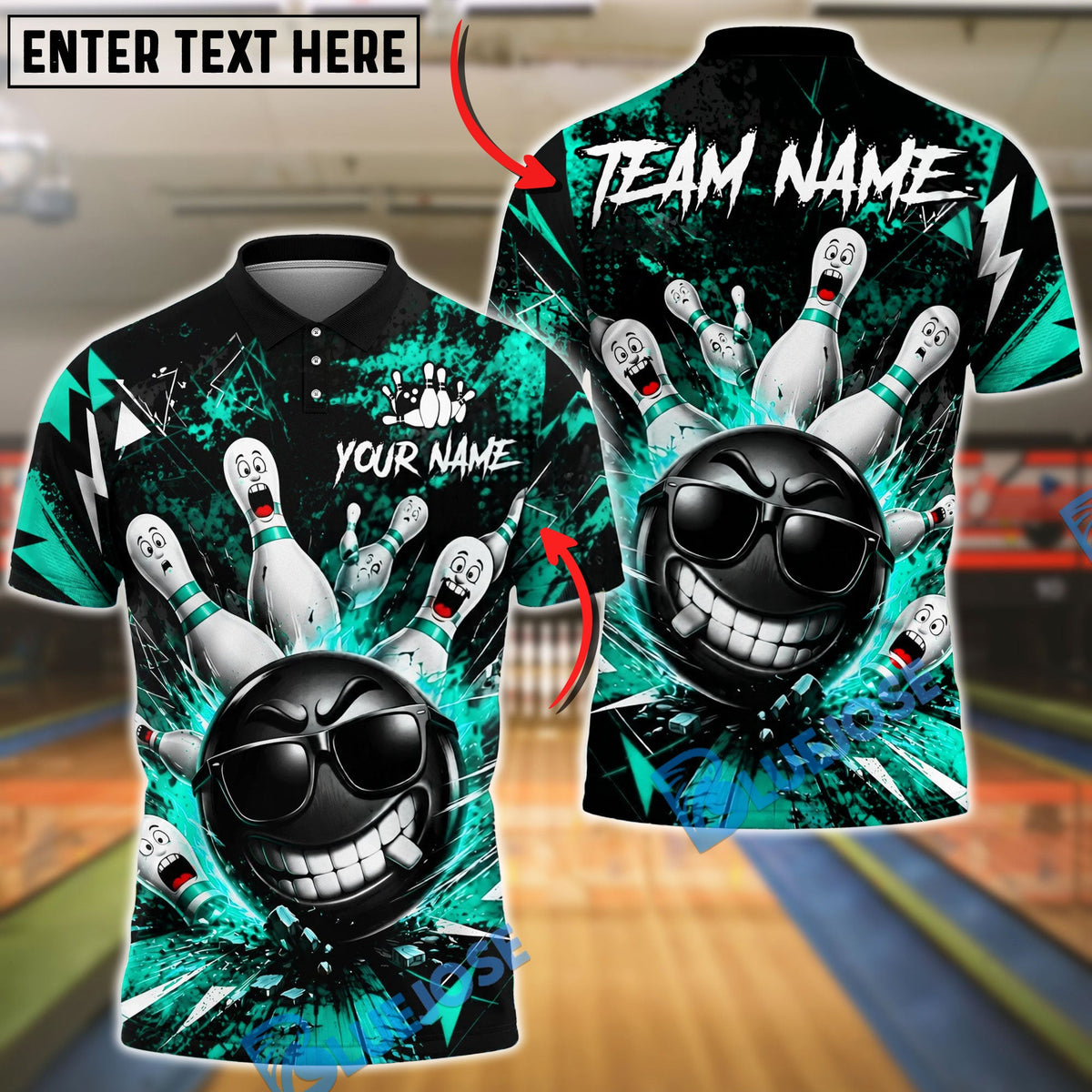 BlueJose Bowling And Pins Cool Gangster Strike Customized Name, Team Name 3D Shirt (6 Colors)