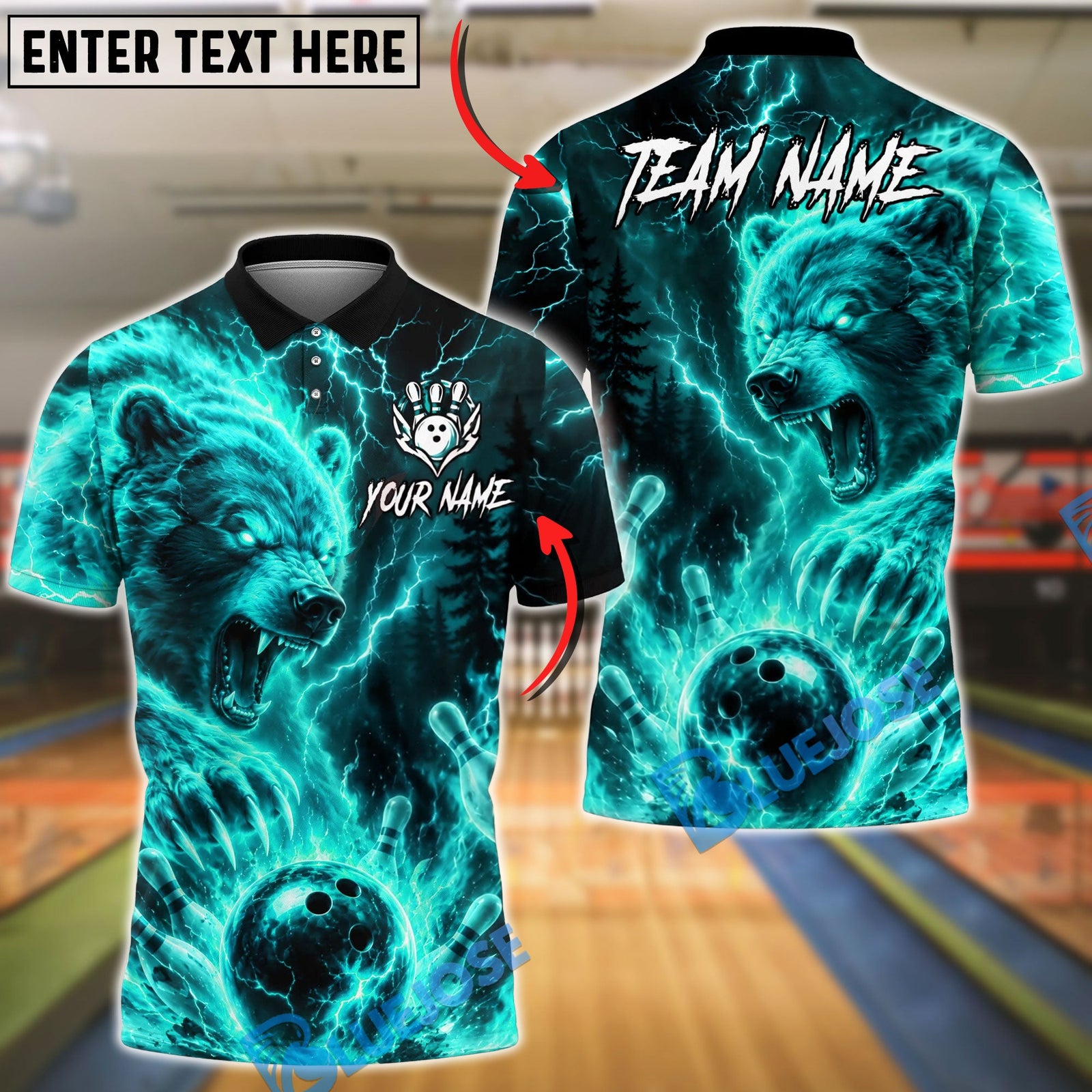 BlueJose Bowling And Pins Thunder Bear Lightning Clap Design  Customized Name, Team Name 3D Shirt (4 Colors)
