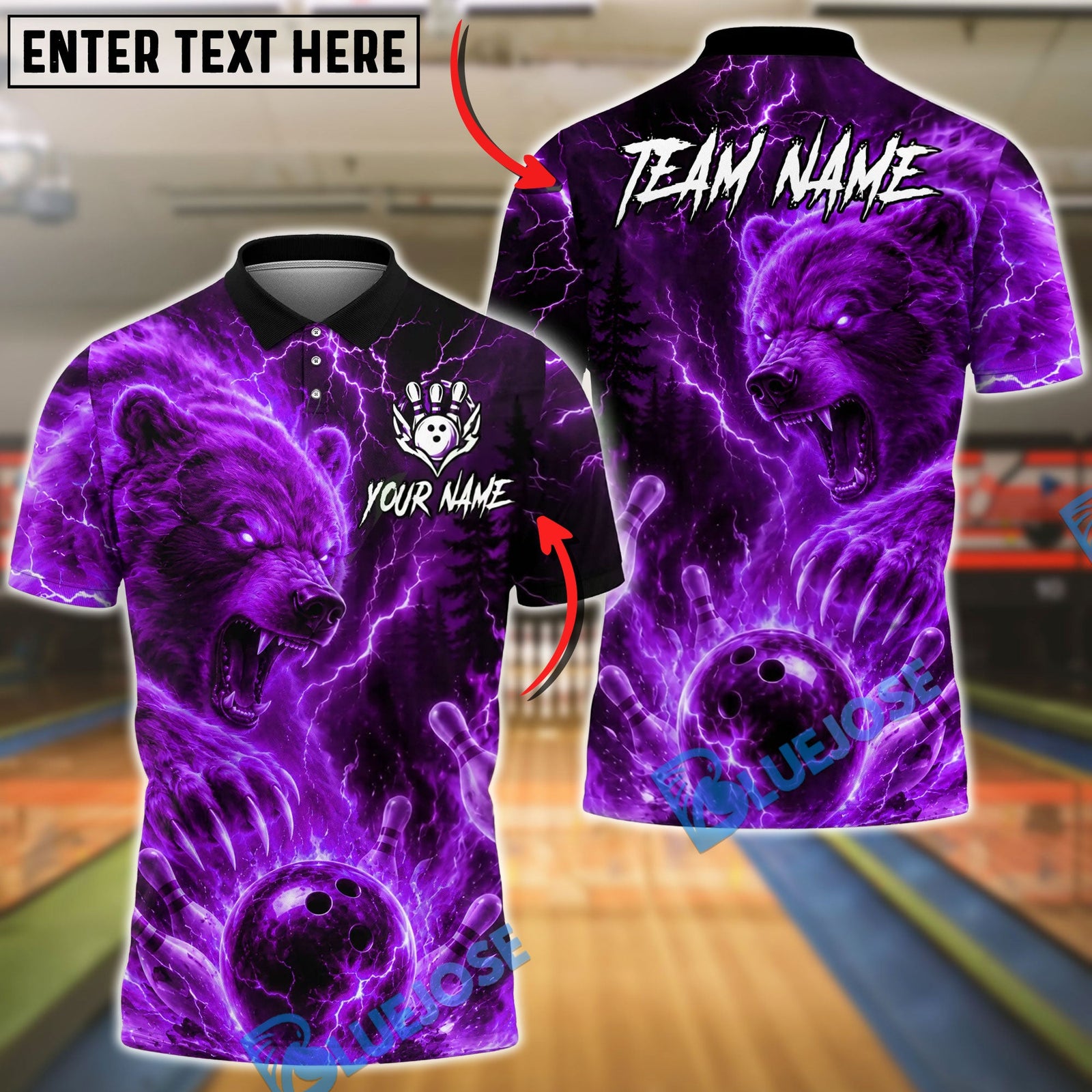 BlueJose Bowling And Pins Thunder Bear Lightning Clap Design  Customized Name, Team Name 3D Shirt (4 Colors)