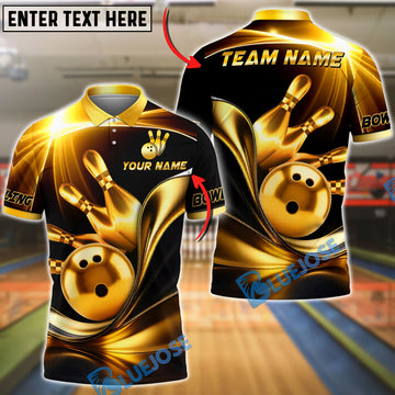 BlueJose Bowling And Pins Wave Strike Luxury Black Gold Customized Name, Team Name 3D Shirt (6 Colors)