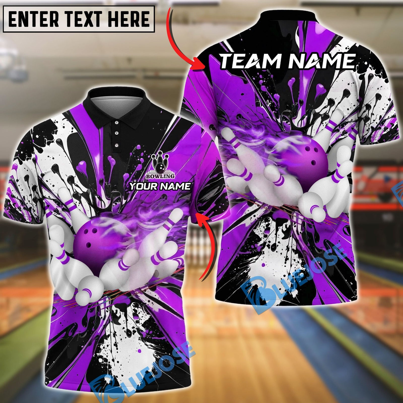 BlueJose Bowling And Pins Black Paint Splash Design Customized Name, Team Name 3D Shirt (4 Colors)