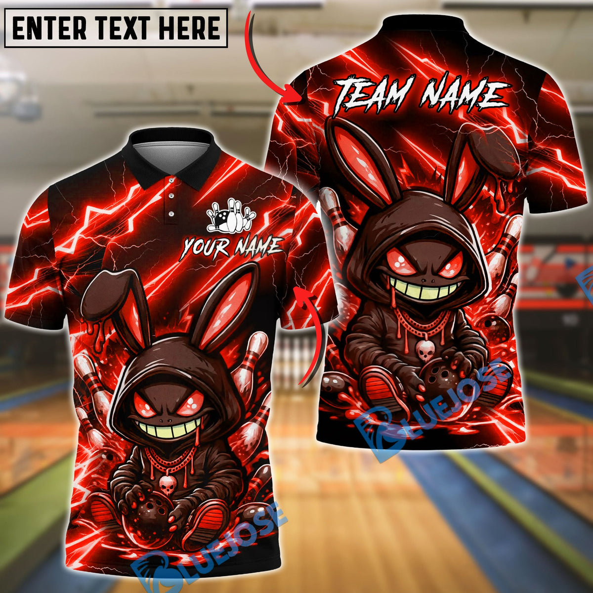 BlueJose Bowling And Pins Hooded Bunny Neon Lightning Art Customized Name, Team Name 3D Shirt (6 Colors)