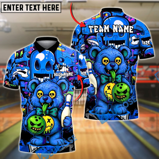 BlueJose Bowling And Pins Zombie Teddy Cartoon Customized Name, Team Name 3D Shirt (4 Colors)