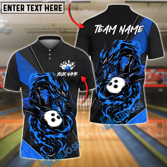 BlueJose Bowling And Pins Flame Dragon Strike Customized Name, Team Name 3D Shirt (4 Colors)