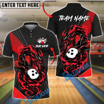 BlueJose Bowling And Pins Flame Dragon Strike Customized Name, Team Name 3D Shirt (4 Colors)