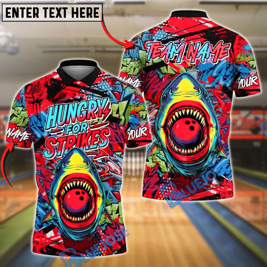 BlueJose Bowling And Pins Shark Hungry for Strikes Graffiti Customized Name, Team Name 3D Shirt (4 Colors)