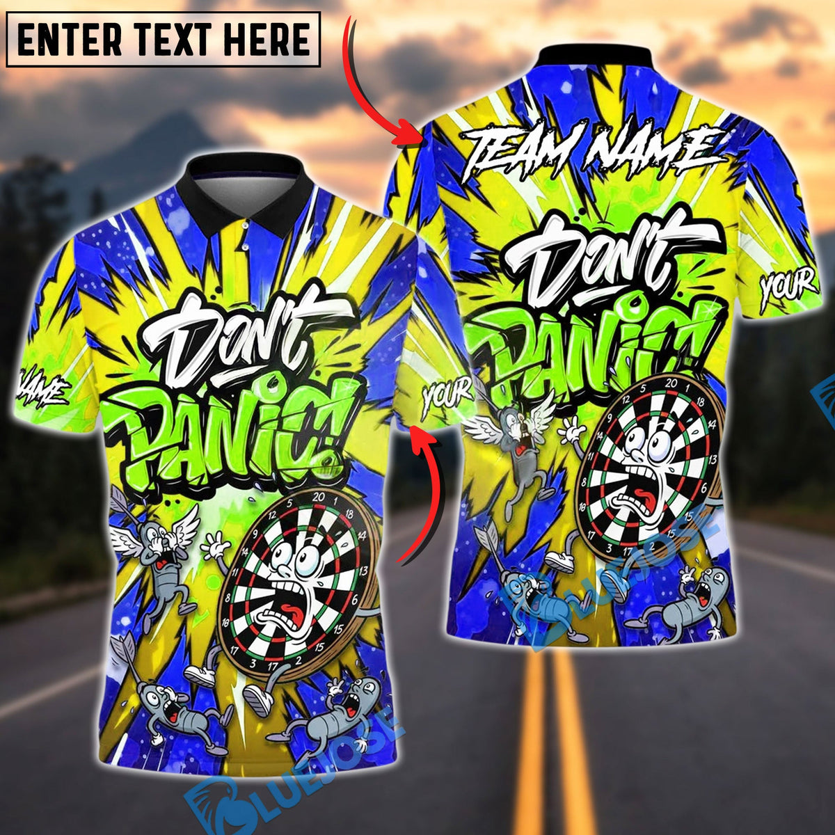 BlueJose Darts Don‚Äôt Panic Graffiti Art Funny Dartboard Customized Name, Team Name 3D Shirt (4 Colors)