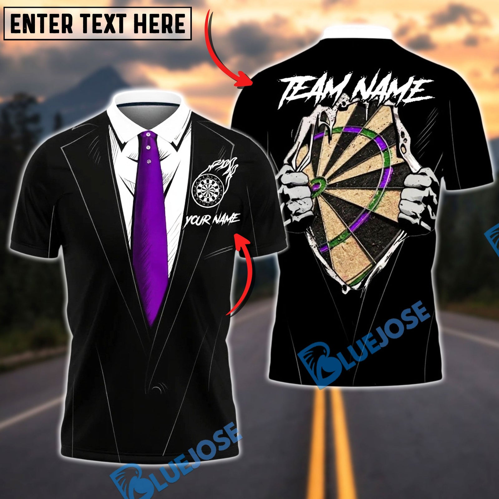 BlueJose Darts Tuxedo Style Hidden Dartboard Customized Name, Team Name 3D Shirt (4 Colors)