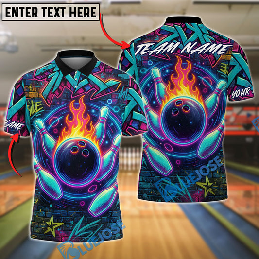 BlueJose Bowling And Pins Neon Graffiti Flame Customized Name, Team Name 3D Shirt (4 Colors)