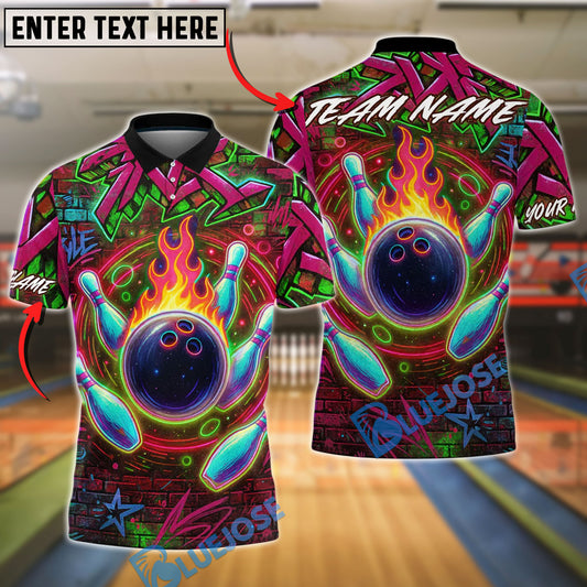 BlueJose Bowling And Pins Neon Graffiti Flame Customized Name, Team Name 3D Shirt (4 Colors)
