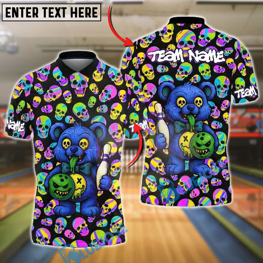 BlueJose Bowling And Pins Crazy Cartoon Teddy Bear Customized Name, Team Name 3D Shirt (4 Colors)