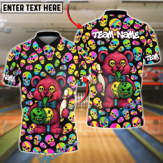 BlueJose Bowling And Pins Crazy Cartoon Teddy Bear Customized Name, Team Name 3D Shirt (4 Colors)