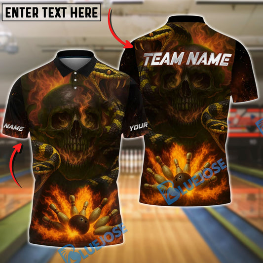 BlueJose Bowling And Pins Evil Snake Skull Smoke Design Customized Name, Team Name 3D Shirt (4 Colors)