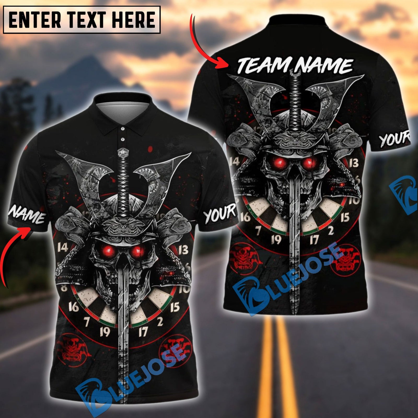 BlueJose Darts Skull Samurai Personalized Name, Team Name Shirt (4 Colors)