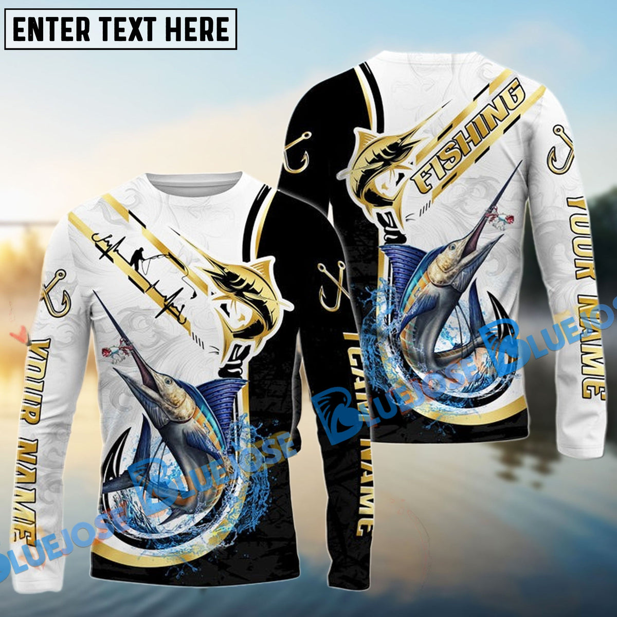 Bluejose Marlin Fishing Black Golden Hook Name &amp; Team Name 3D Shirts