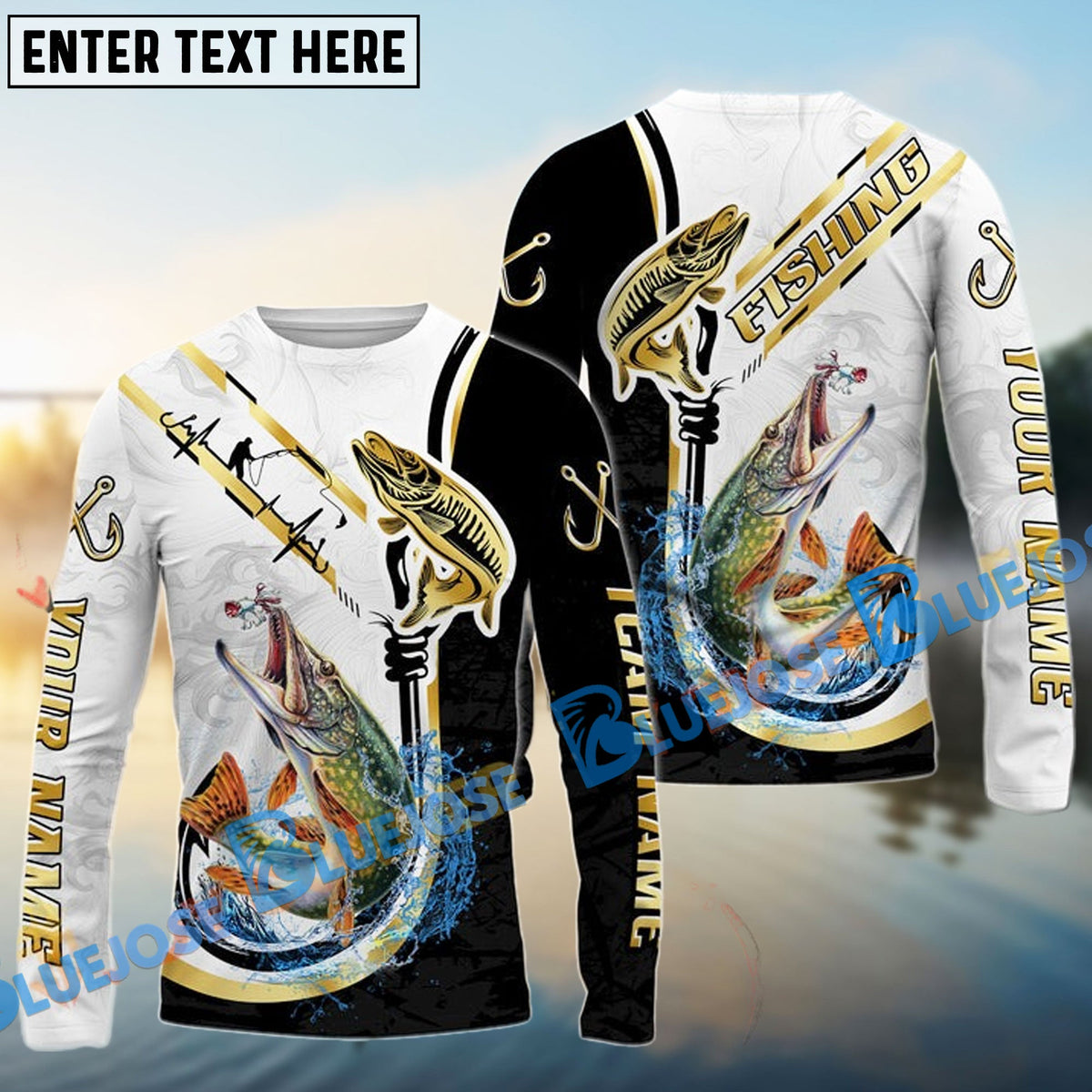 Bluejose Pike Salmon Fishing Black Golden Hook Name &amp; Team Name 3D Shirts
