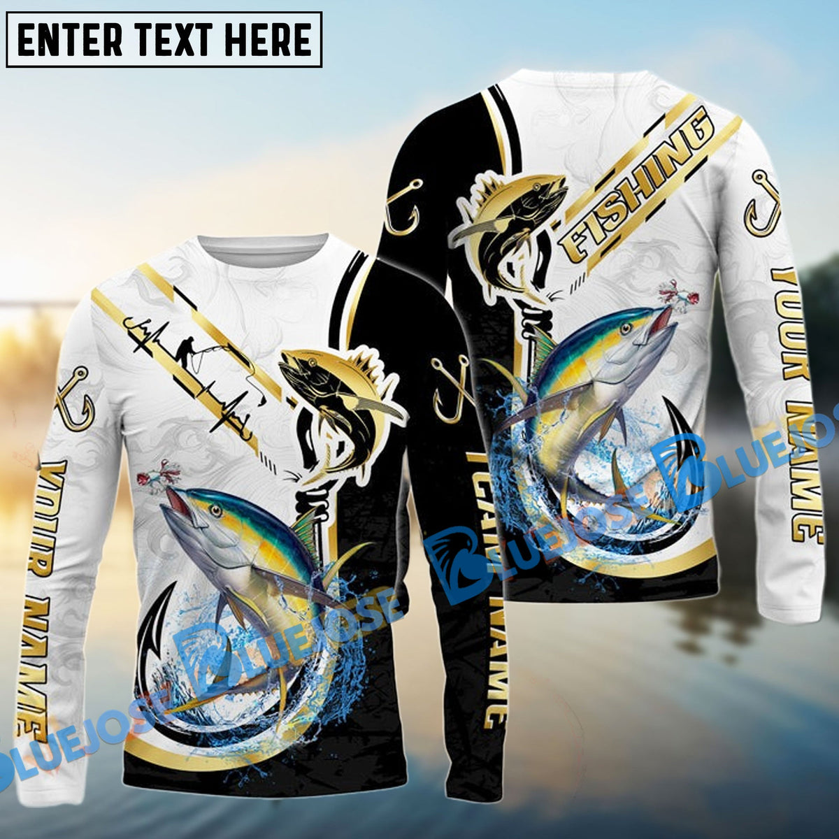 Bluejose Tuna Fishing Black Golden Hook Name &amp; Team Name 3D Shirts