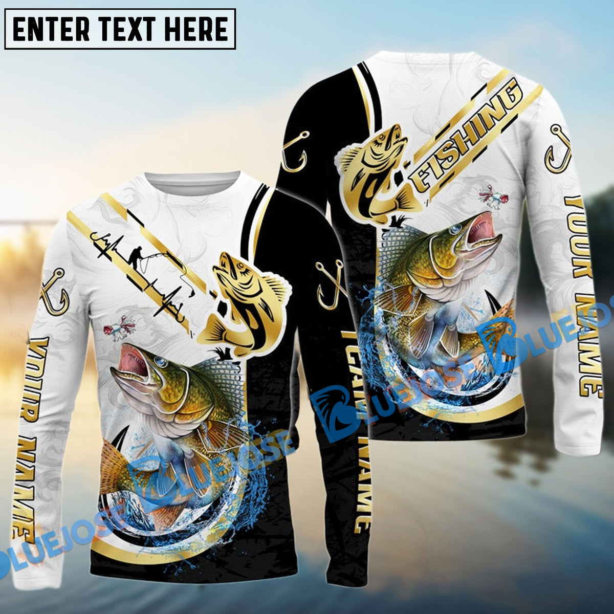 Bluejose Walleye Fishing Black Golden Hook Name &amp; Team Name 3D Shirts